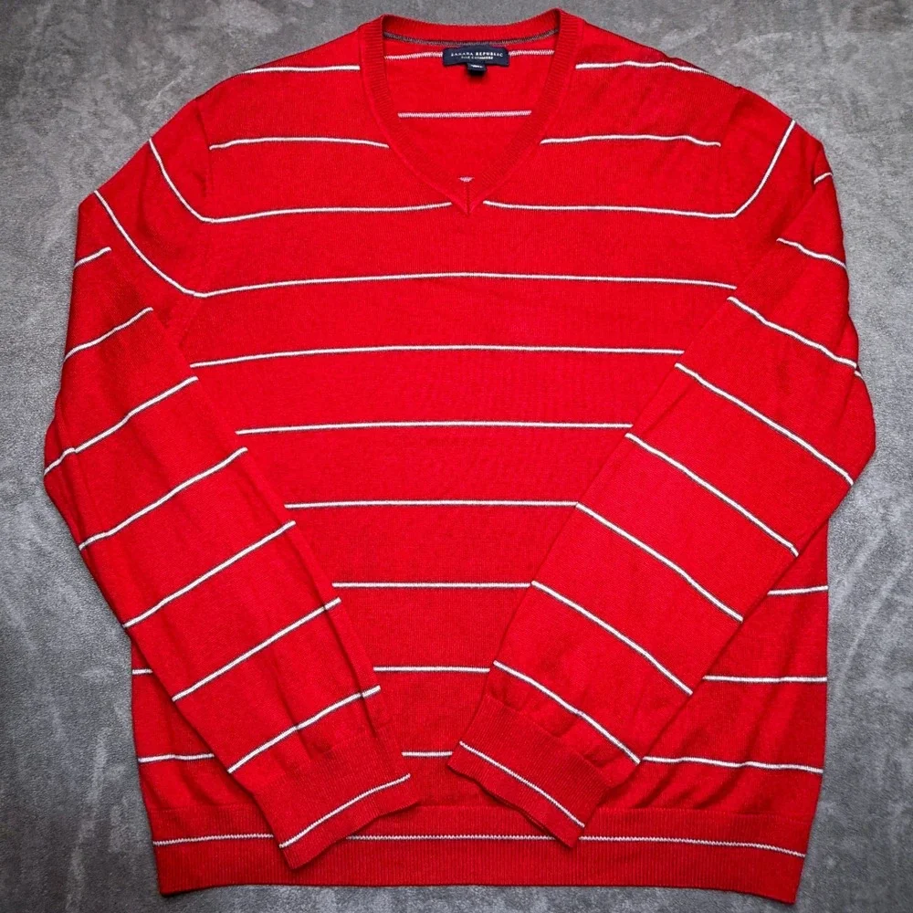 Banana Republic Sweater Mens XL Red Striped Silk‎ Cashmere Blend V-Neck Pullover